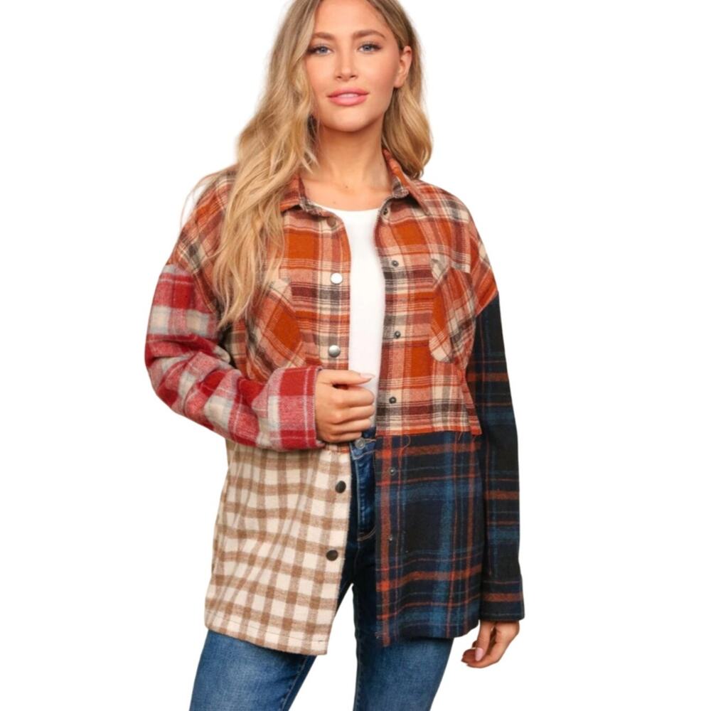 FLANNEL LOOSE FIT COLOR BLOCK SNAP BUTTON DOWN PLAID‎ JACKET SHACKET POCKETS